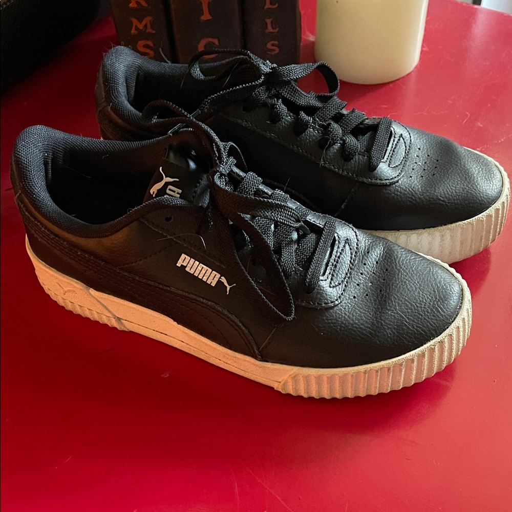 Puma Black Leather Sneakers with White Soles